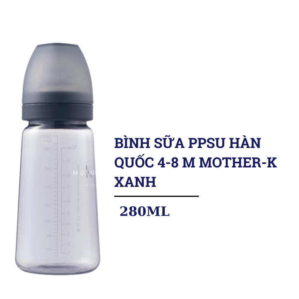Bình sữa PPSU Hàn Quốc 4 - 8m Mother-K 280ml màu kem/xanh
