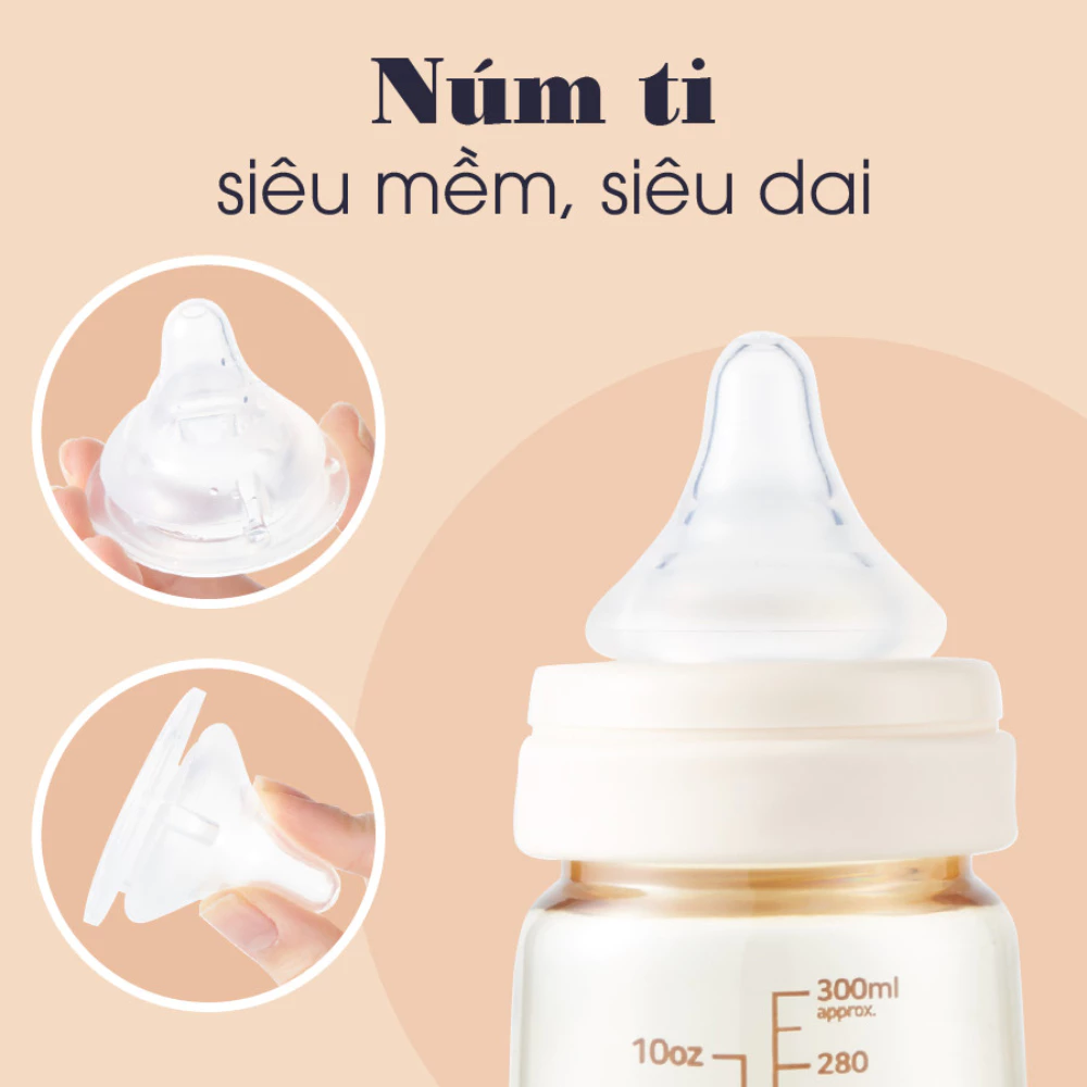 Bình sữa PPSU Hàn Quốc 4 - 8m Mother-K 280ml màu kem/xanh