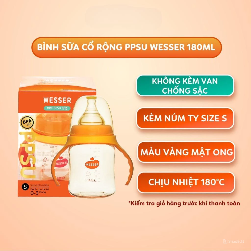 Bình sữa Wesser PPSU cổ rộng 180ml/ 260ml