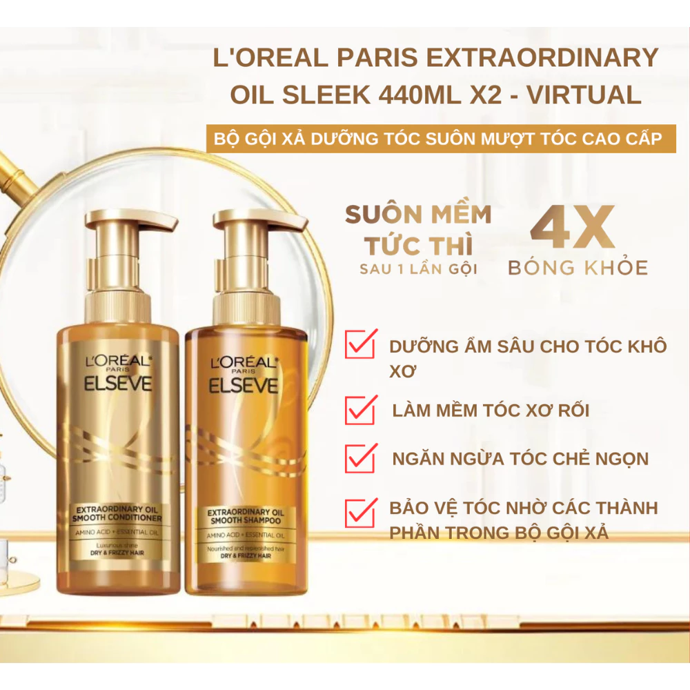 Bộ gội xả L'Oreal dưỡng tóc - suôn mượt tóc cao cấp 440ml x 2