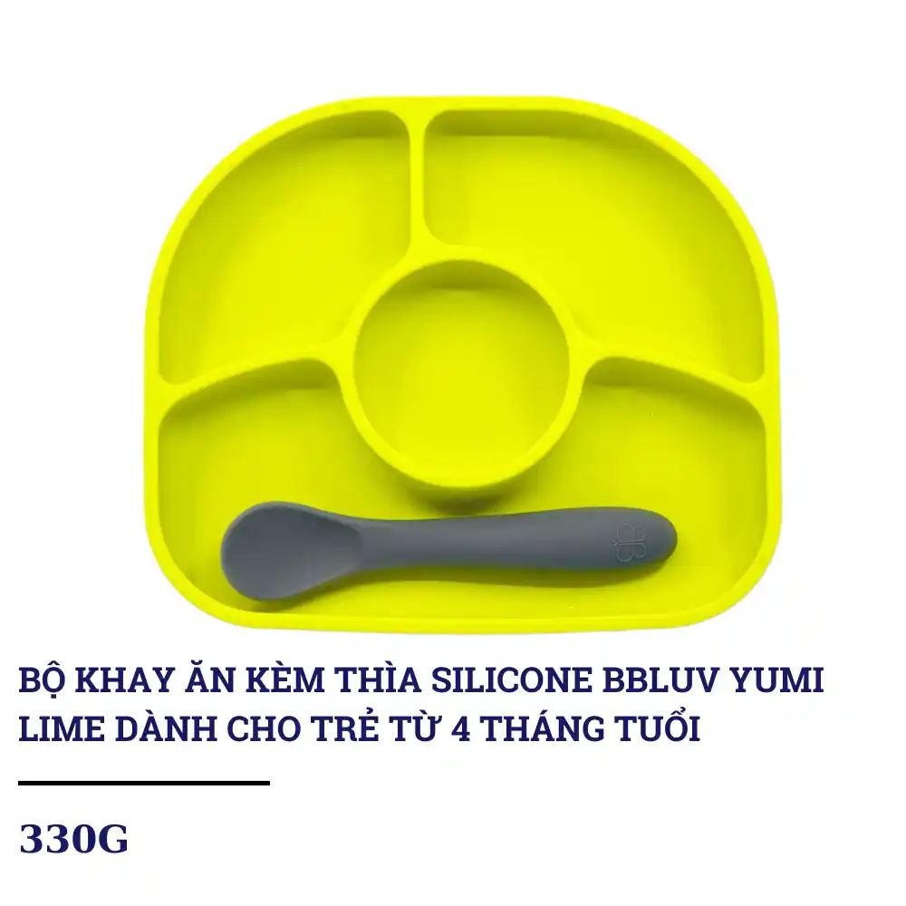 Bộ khay ăn kèm thìa silicone (FDA) bbluv Yumi Aqua/Lime dành cho bé từ 4 tháng tuổi
