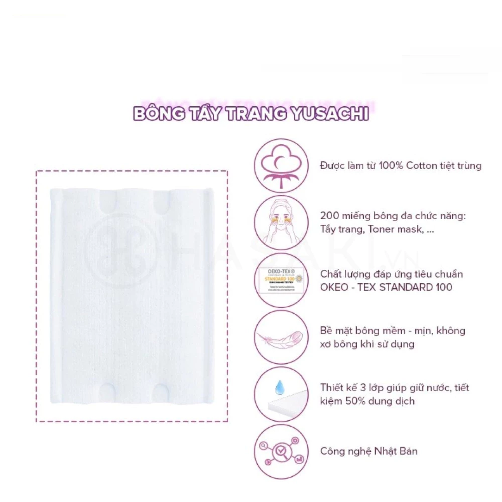 Bông tẩy trang Yusachi Suzuran 100% cotton 200 miếng