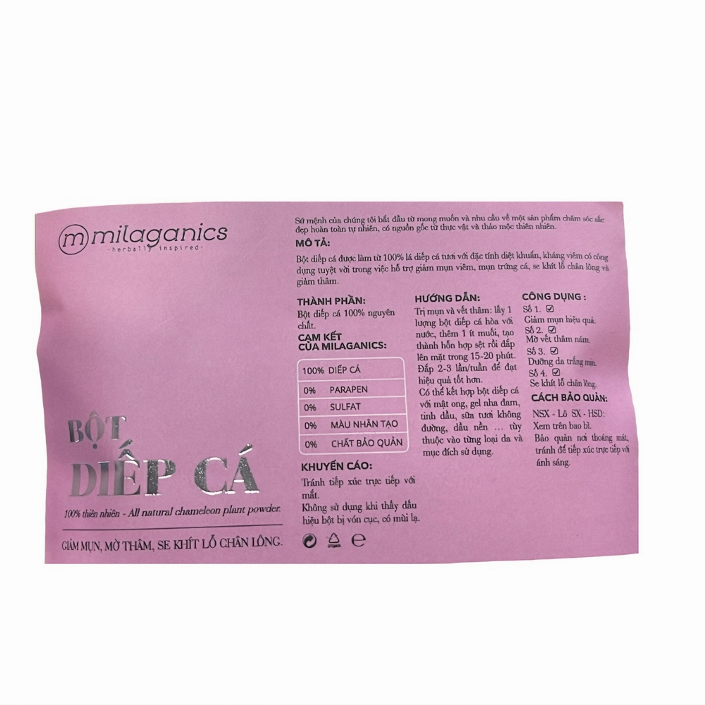 Bột Diếp Cá Milaganics giảm mụn, mờ vết thâm 100g