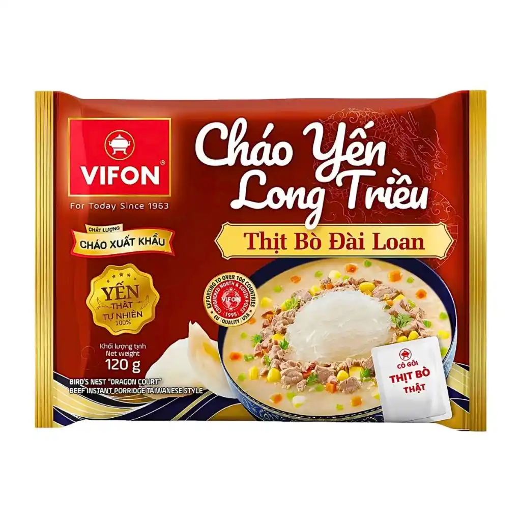 Cháo yến Long Triều Vifon vị xương hầm rau củ gói 110g/thịt bò Đài Loan gói 120g