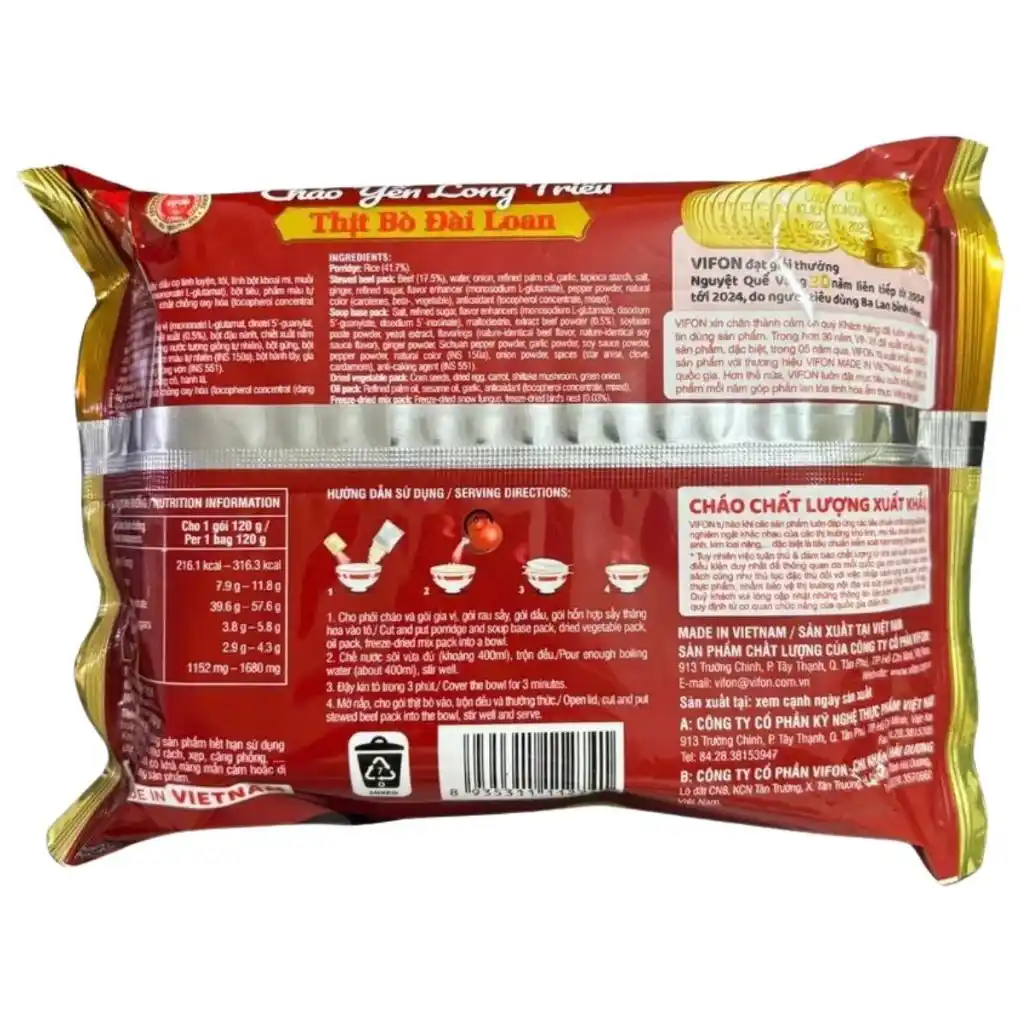 Cháo yến Long Triều Vifon vị xương hầm rau củ gói 110g/thịt bò Đài Loan gói 120g