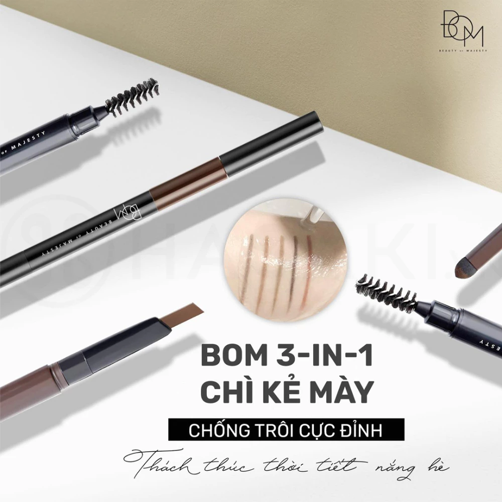 Chì kẻ mày B.O.M 3in1 - #01 nâu xám/#02 nâu đen/#03 nâu socola 0.5g