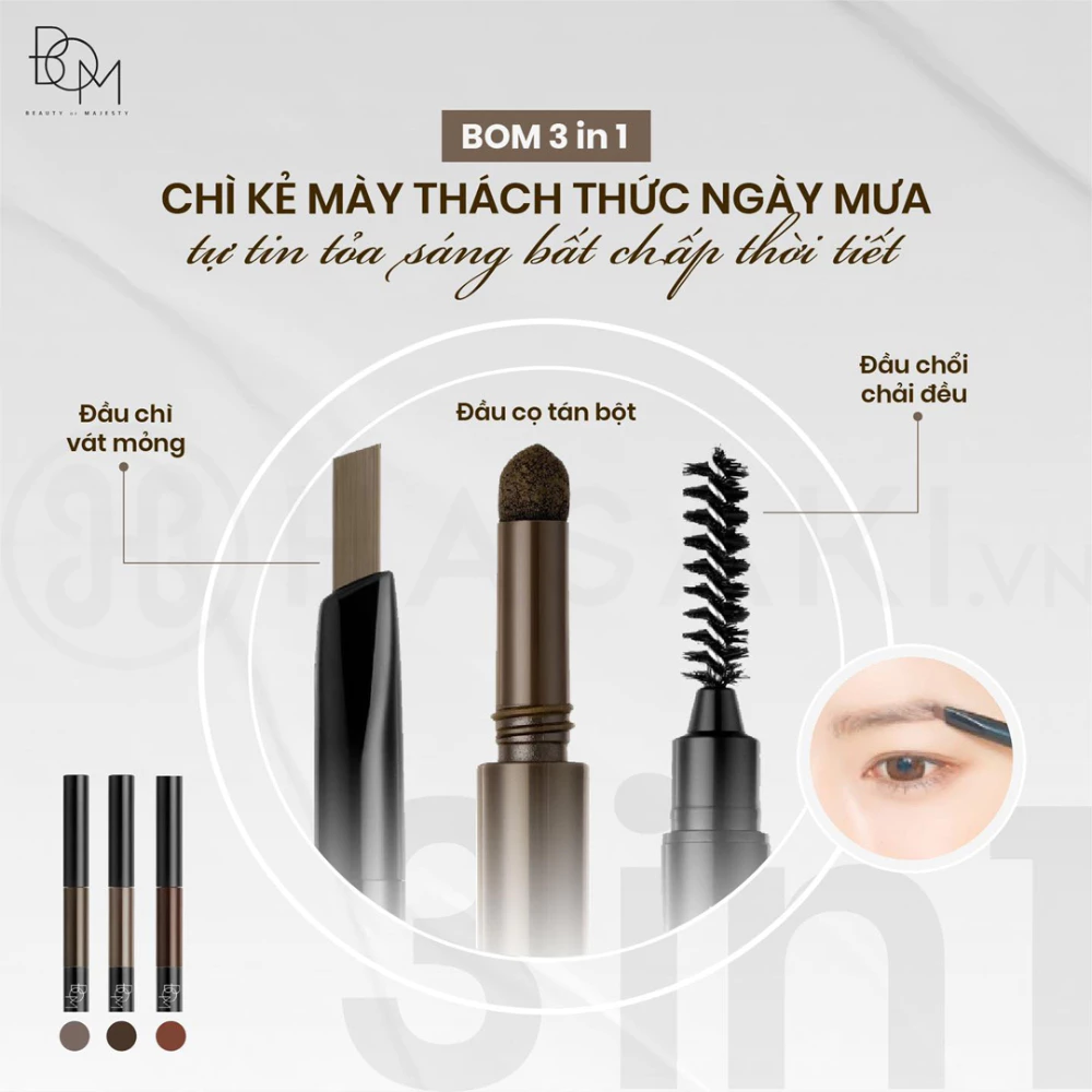 Chì kẻ mày B.O.M 3in1 - #01 nâu xám/#02 nâu đen/#03 nâu socola 0.5g
