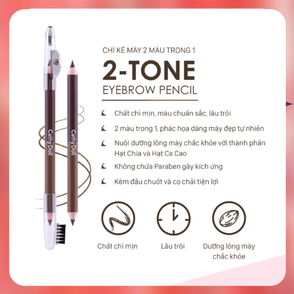 Chì kẻ mày Cathy Doll 2 trong 1 - #01 Dark Brown/#02 Cherry Brown/#03 Gray Brown 1g+1g