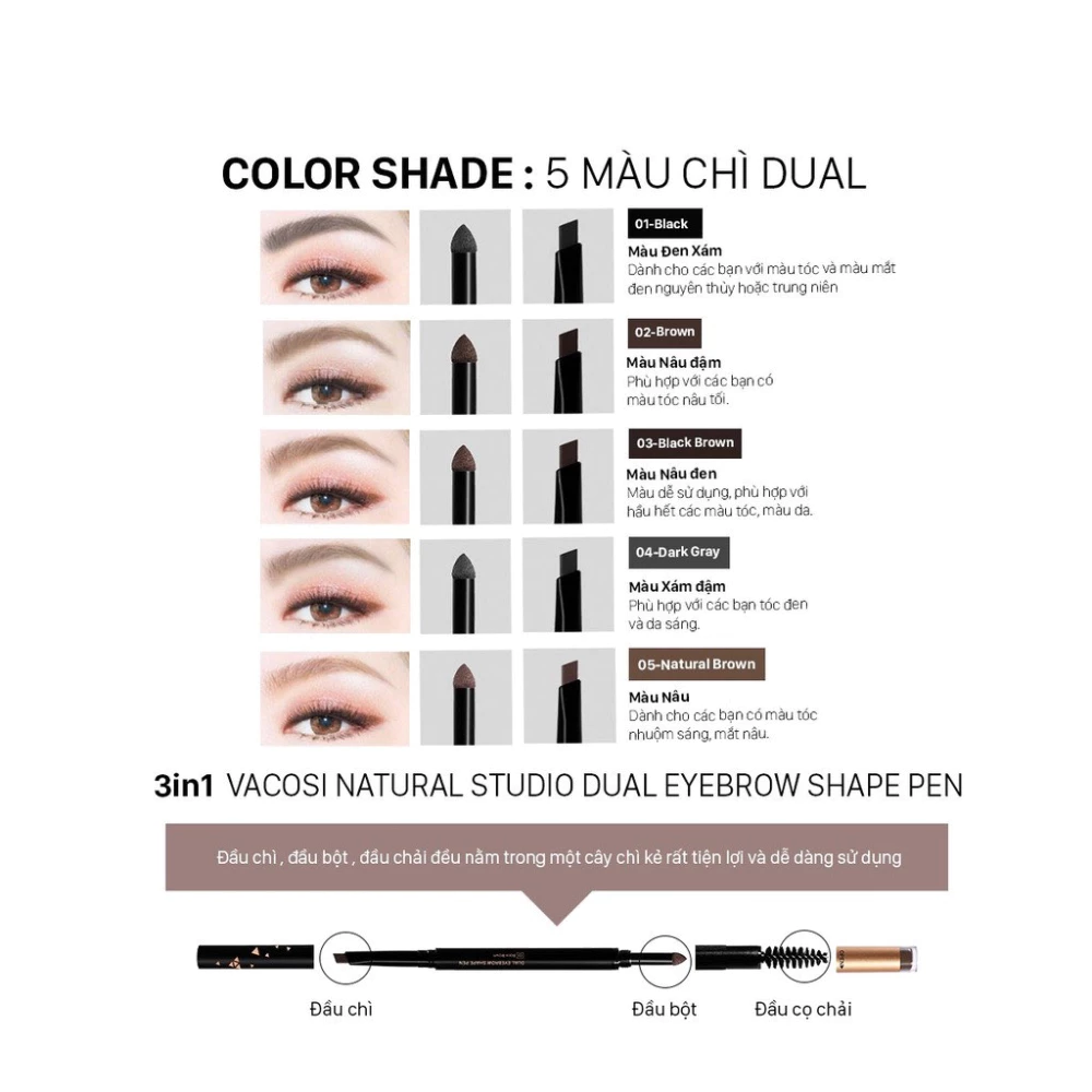 Chì mày Vacosi định hình đa năng - 01 đen/02 nâu xám/03 nâu đen/04 xám đậm/05 nâu tự nhiên 5ml