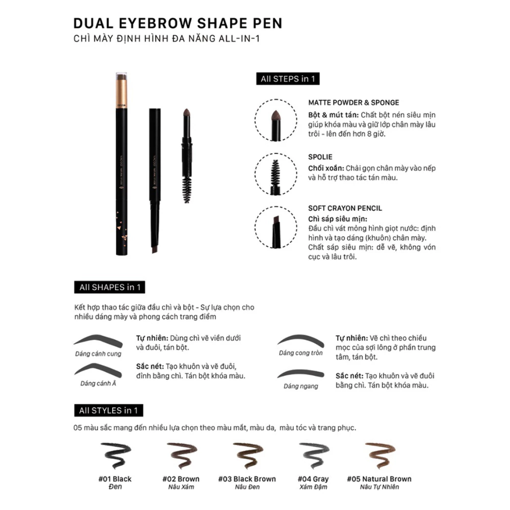 Chì mày Vacosi định hình đa năng - 01 đen/02 nâu xám/03 nâu đen/04 xám đậm/05 nâu tự nhiên 5ml