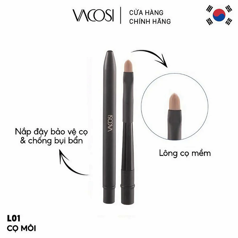 Cọ môi Vacosi có nắp đậy L01/lông dài L02/đầu tròn L10