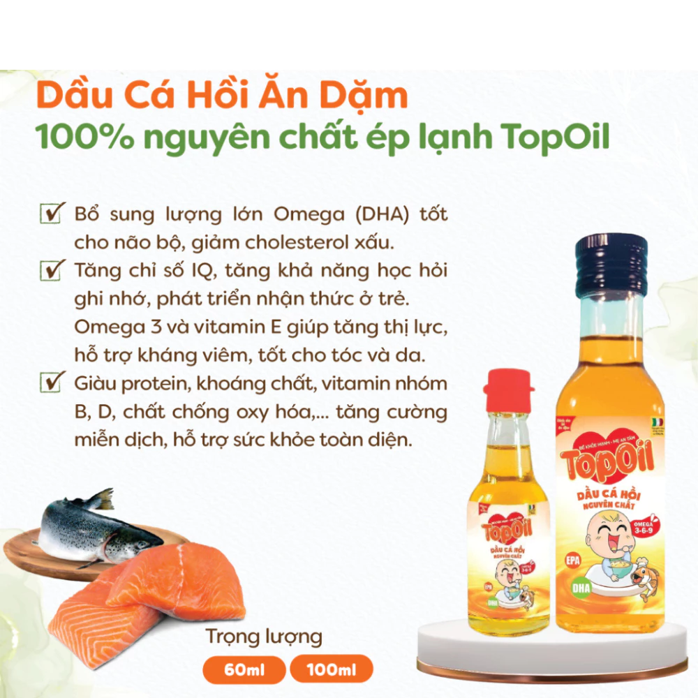 Dầu cá hồi nguyên chất Topoil 60ml/100ml dành cho bé từ 6 tháng tuổi