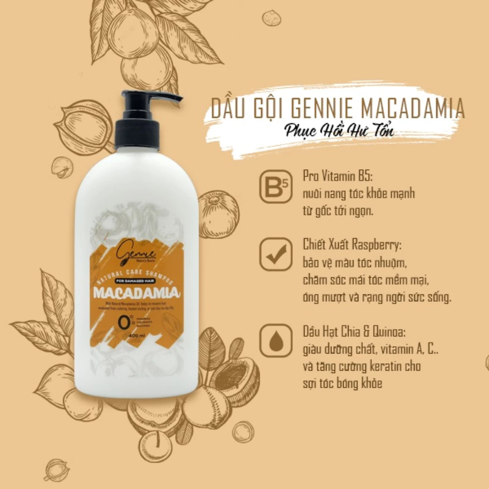Dầu gội Gennie Macadamia phục hồi hư tổn 400ml