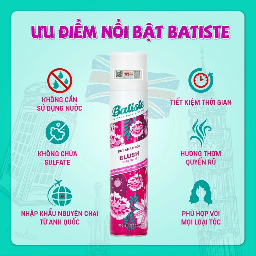 Dầu gội khô Batiste hương tươi mát/cổ điển/hoa thiên nhiên/hoa anh đào/hoa quyến rũ 200ml
