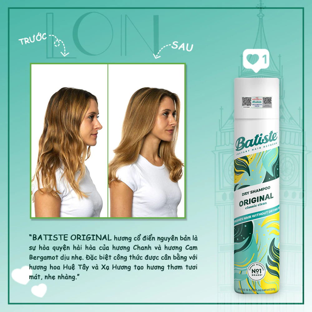 Dầu gội khô Batiste hương tươi mát/cổ điển/hoa thiên nhiên/hoa anh đào/hoa quyến rũ 200ml