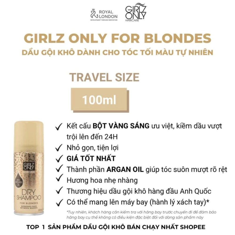 Dầu gội khô GIRLZ ONLY cho tóc nâu, tối màu/tóc nhuộm sáng màu 100ml