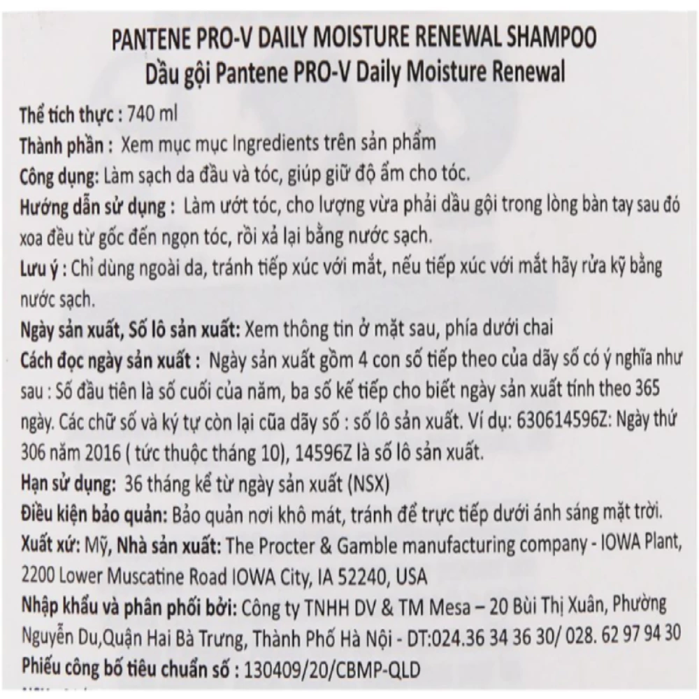 Dầu gội Pantene dưỡng ẩm tóc 355ml/700ml