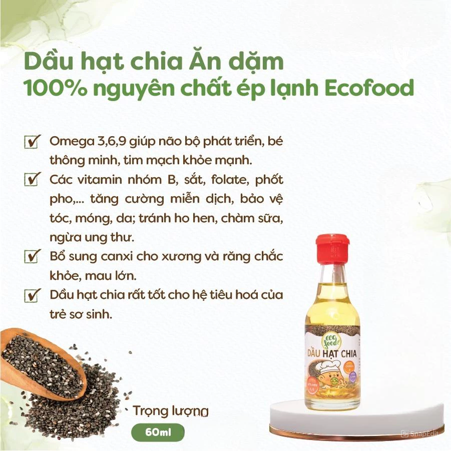 Dầu hạt chia nguyên chất Ecofood 60ml cho bé từ 6 tháng tuổi