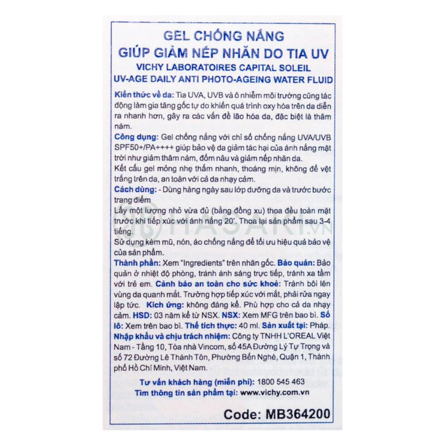 Gel chống nắng Vichy bảo vệ da, ngừa thâm nám 40ml