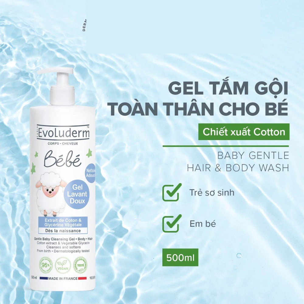 Gel tắm gội cho bé Evoluderm chiết xuất Cotton 500ml