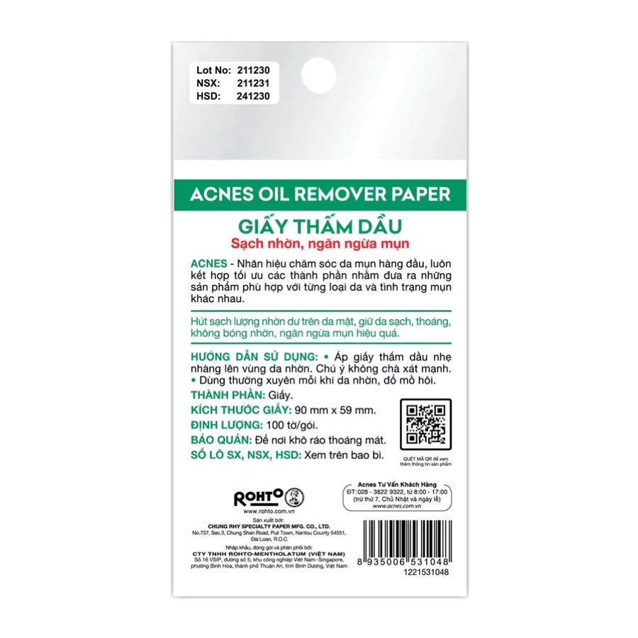 Giấy thấm dầu Acnes kiểm soát nhờn, ngừa mụn 100 tờ