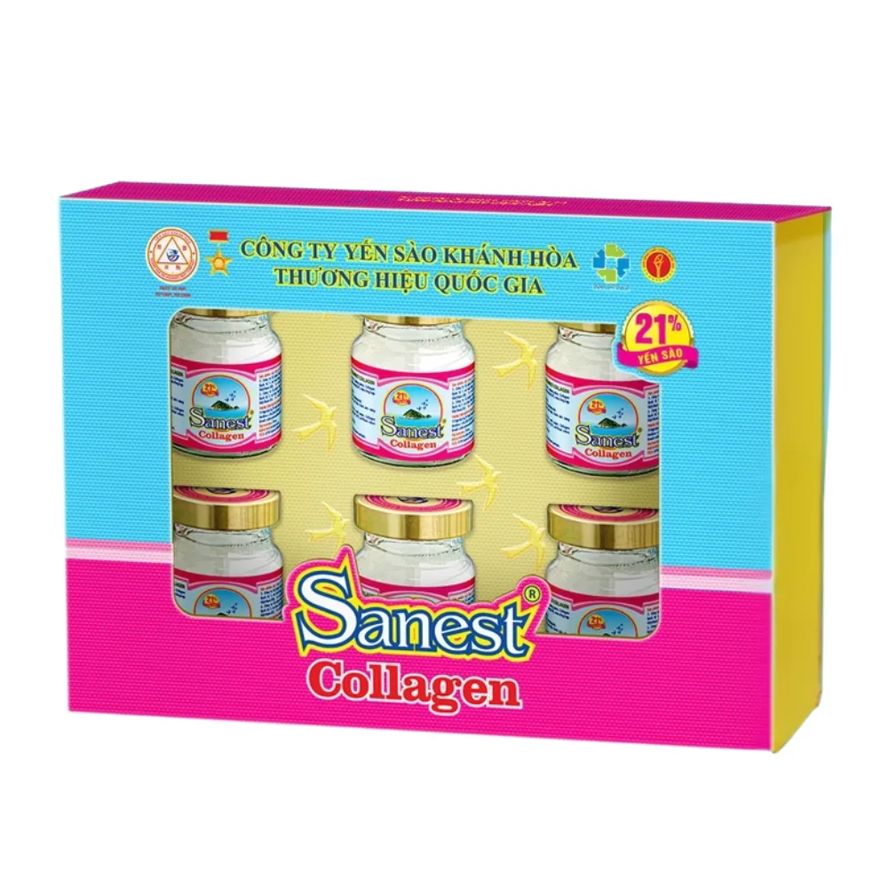 Hộp 6 lọ nước yến sào Khánh Hòa Sanest collagen có đường 70ml