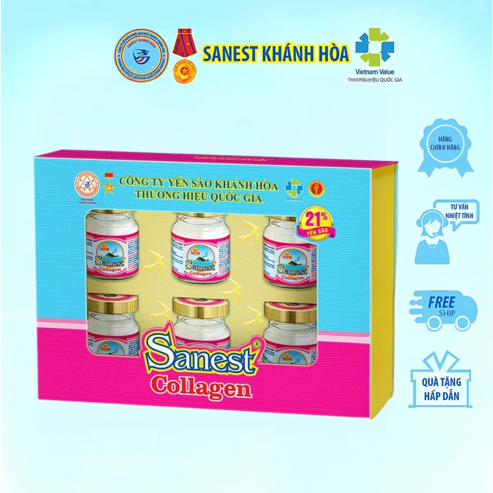 Hộp 6 lọ nước yến sào Khánh Hòa Sanest collagen có đường 70ml