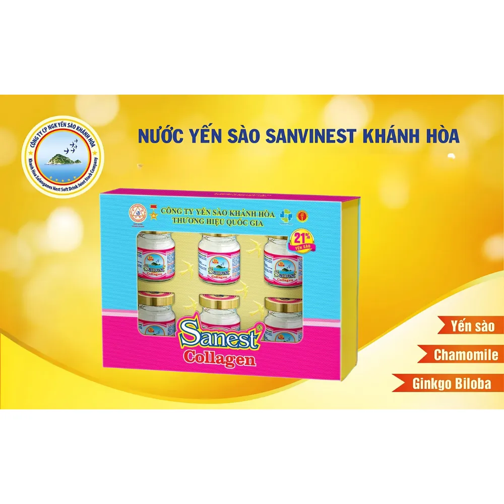 Hộp 6 lọ nước yến sào Khánh Hòa Sanest collagen có đường 70ml
