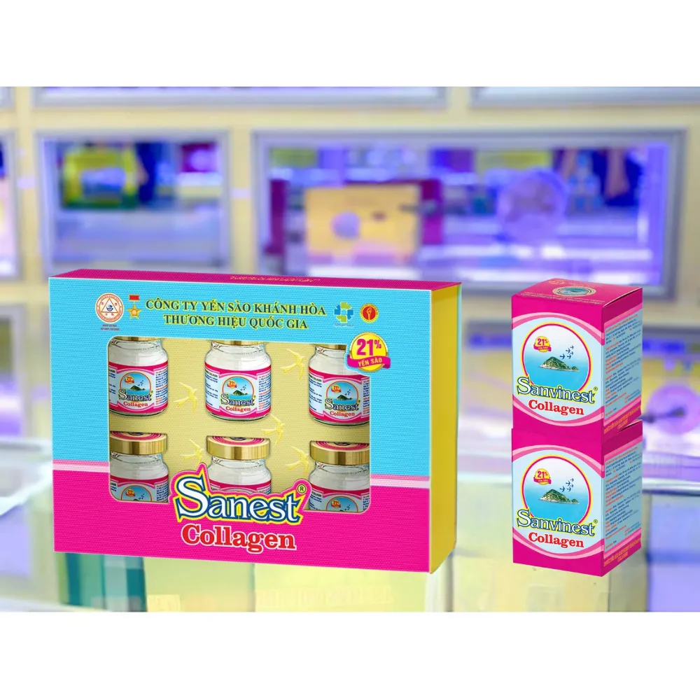 Hộp 6 lọ nước yến sào Khánh Hòa Sanest collagen có đường 70ml