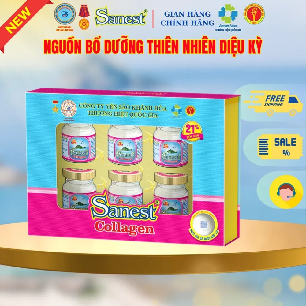 Hộp 6 lọ nước yến sào Khánh Hòa Sanest collagen có đường 70ml