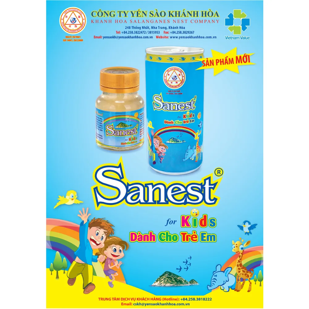 Hộp 6 lọ nước yến sào Khánh Hòa Sanest dành cho trẻ em có đường 70ml