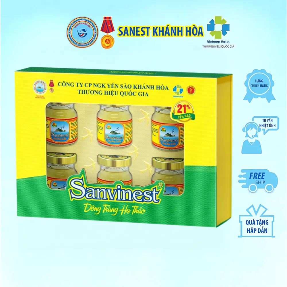 Hộp 6 lọ nước yến sào Khánh Hòa Sanest đông trùng hạ thảo có đường 70ml