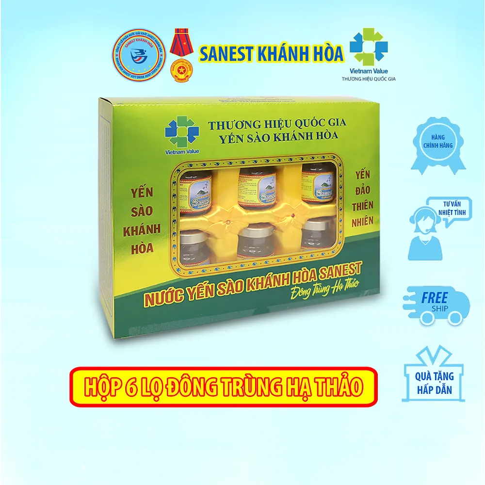 Hộp 6 lọ nước yến sào Khánh Hòa Sanest đông trùng hạ thảo có đường 70ml