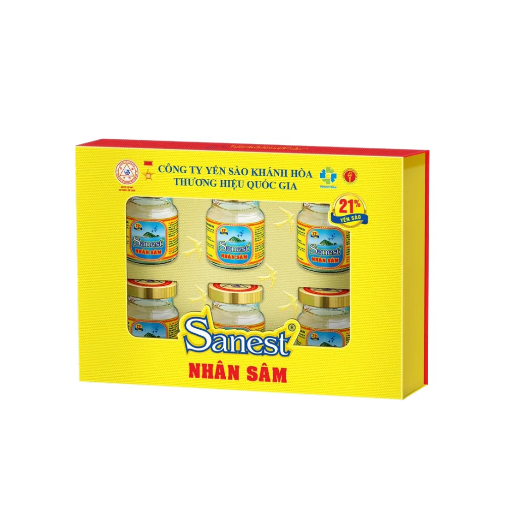 Hộp 6 lọ nước yến sào Khánh Hòa Sanest nhân sâm có đường 70ml