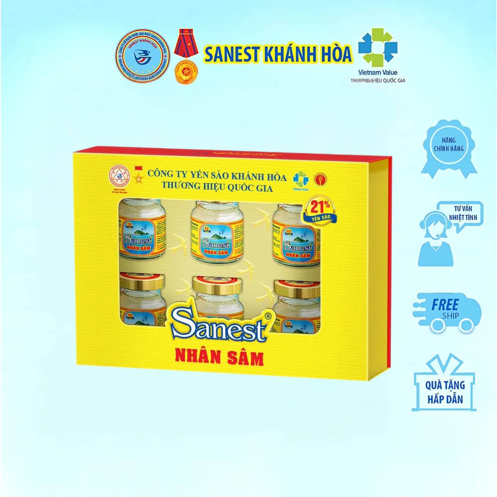 Hộp 6 lọ nước yến sào Khánh Hòa Sanest nhân sâm có đường 70ml