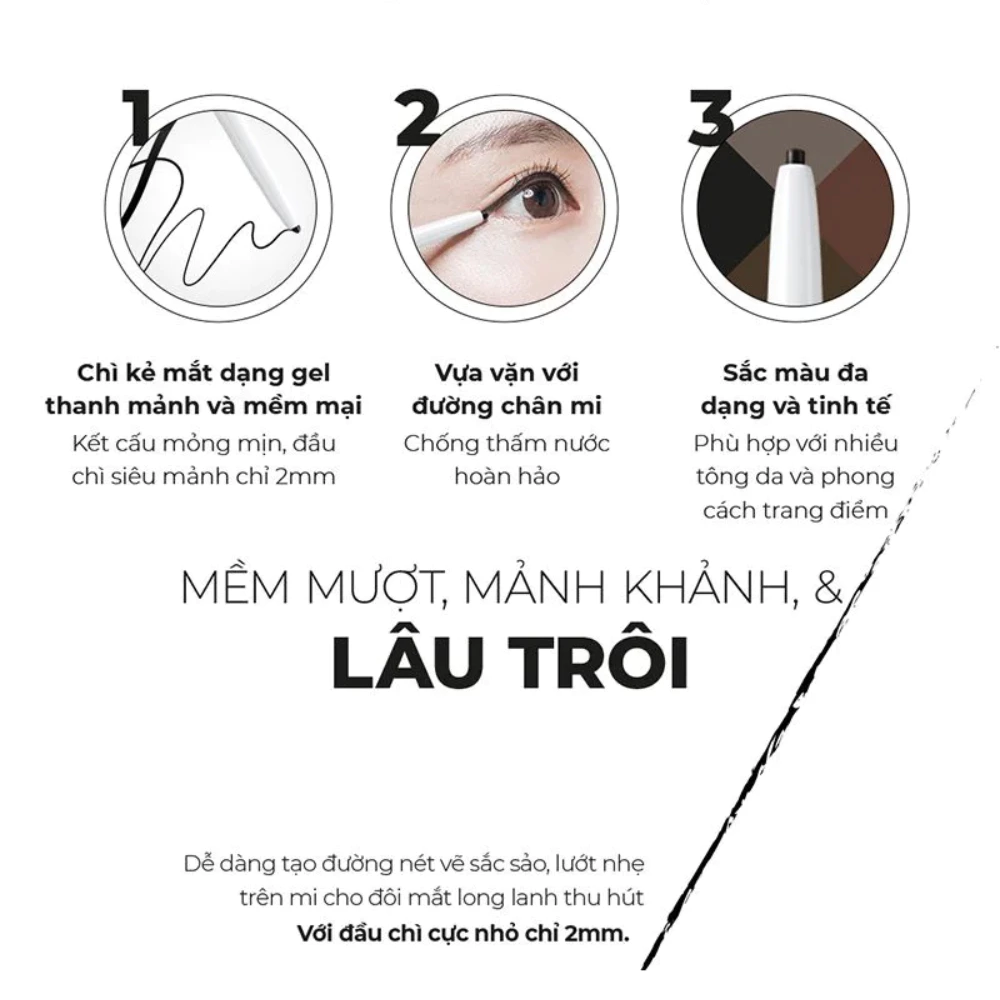 Kẻ mắt B.O.M siêu mảnh lâu trôi - 01 màu đen/03 màu nâu đậm/04 màu nâu tự nhiên 0.1g