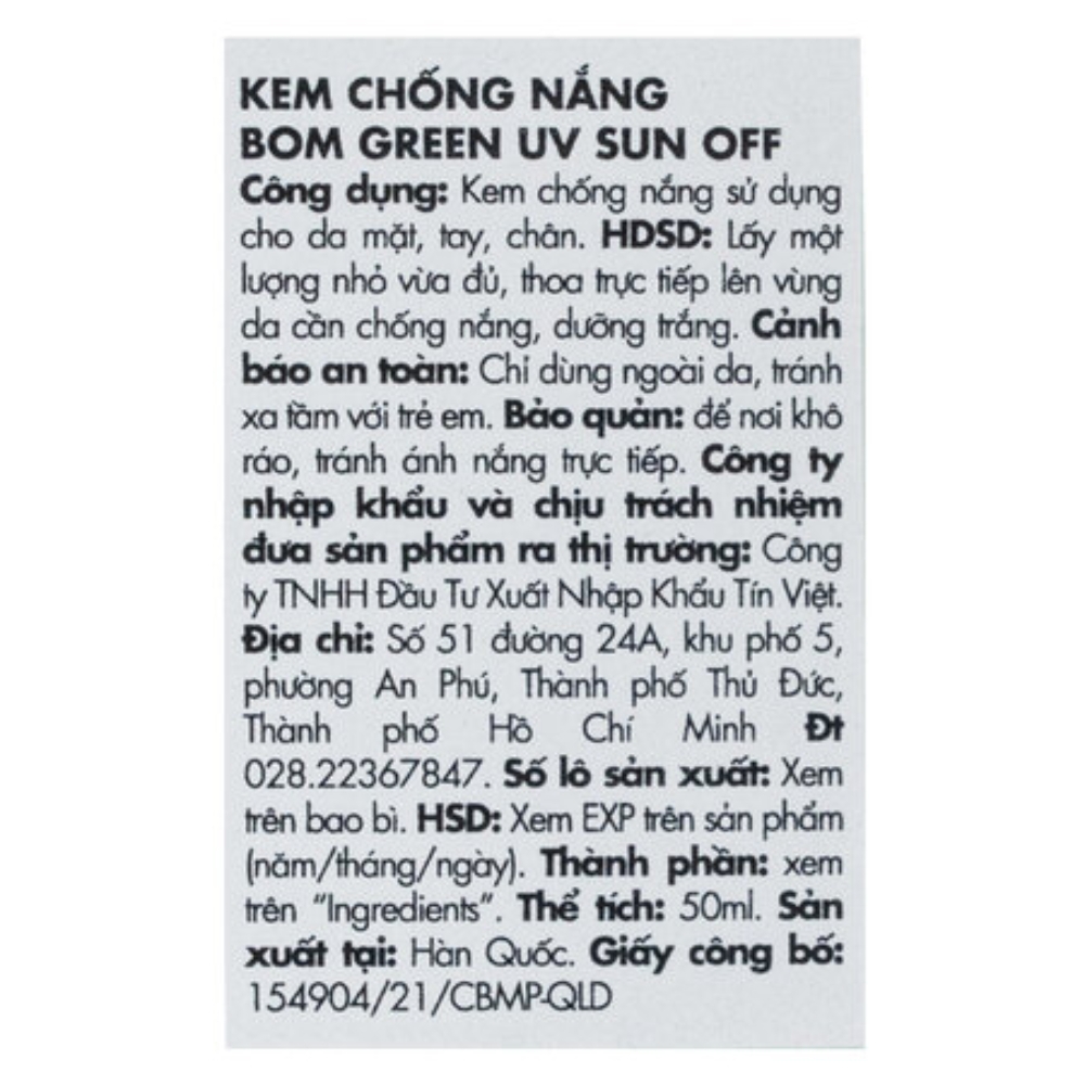 Kem chống nắng B.O.M Green UV Sun Off SPF50+/PA++++ 50ml