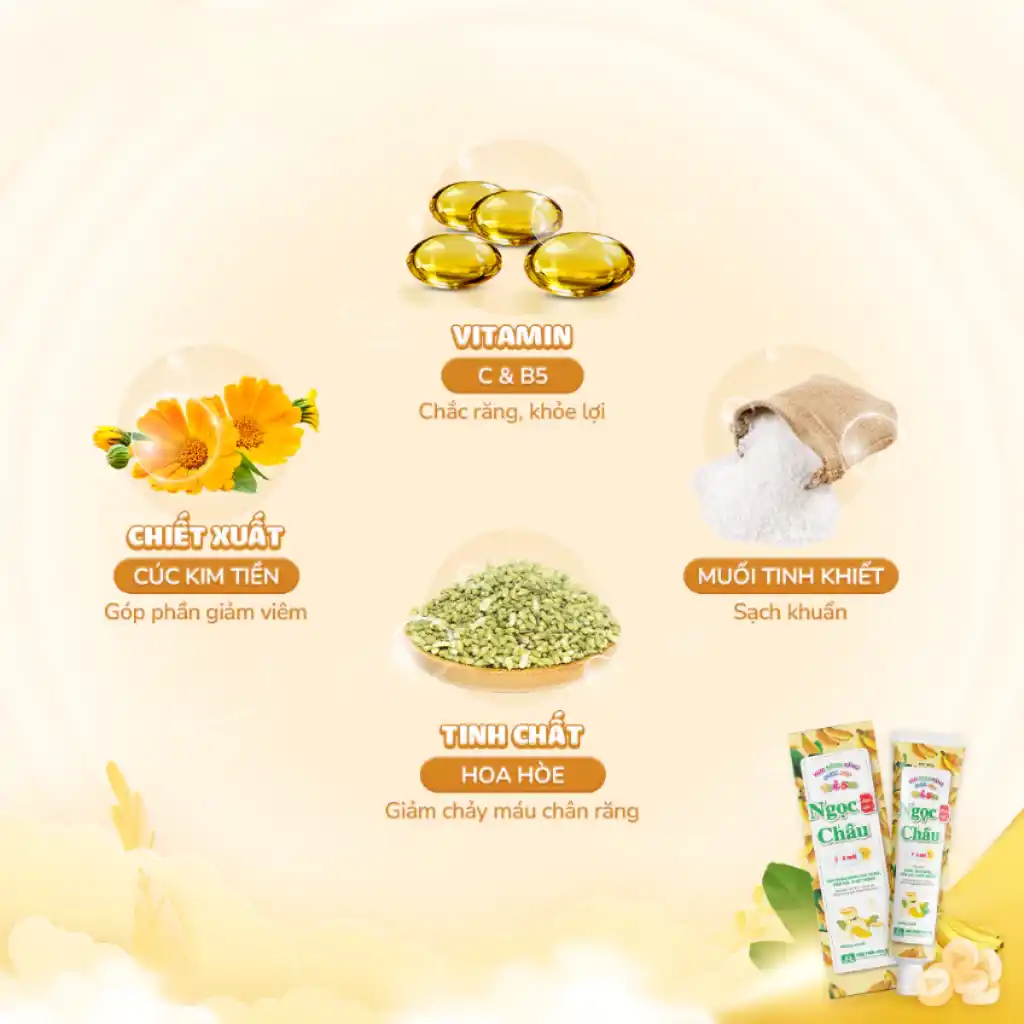 Kem đánh răng dược liệu Ngọc Châu trẻ em hương dâu/chuối (2 - 6 tuổi) tuýp 50g/(trên 6 tuổi) 70g