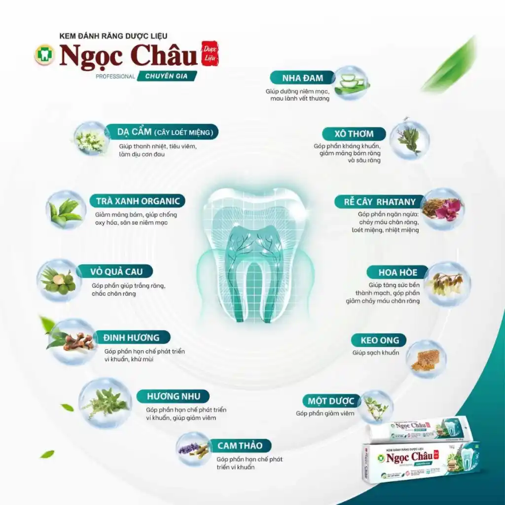 Kem đánh răng dược liệu Ngọc Châu truyền thống/trắng sáng/chuyên gia 100g/125g/170g