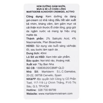 Kem dưỡng Martiderm giảm nhờn, mụn & se lỗ chân lông 40ml