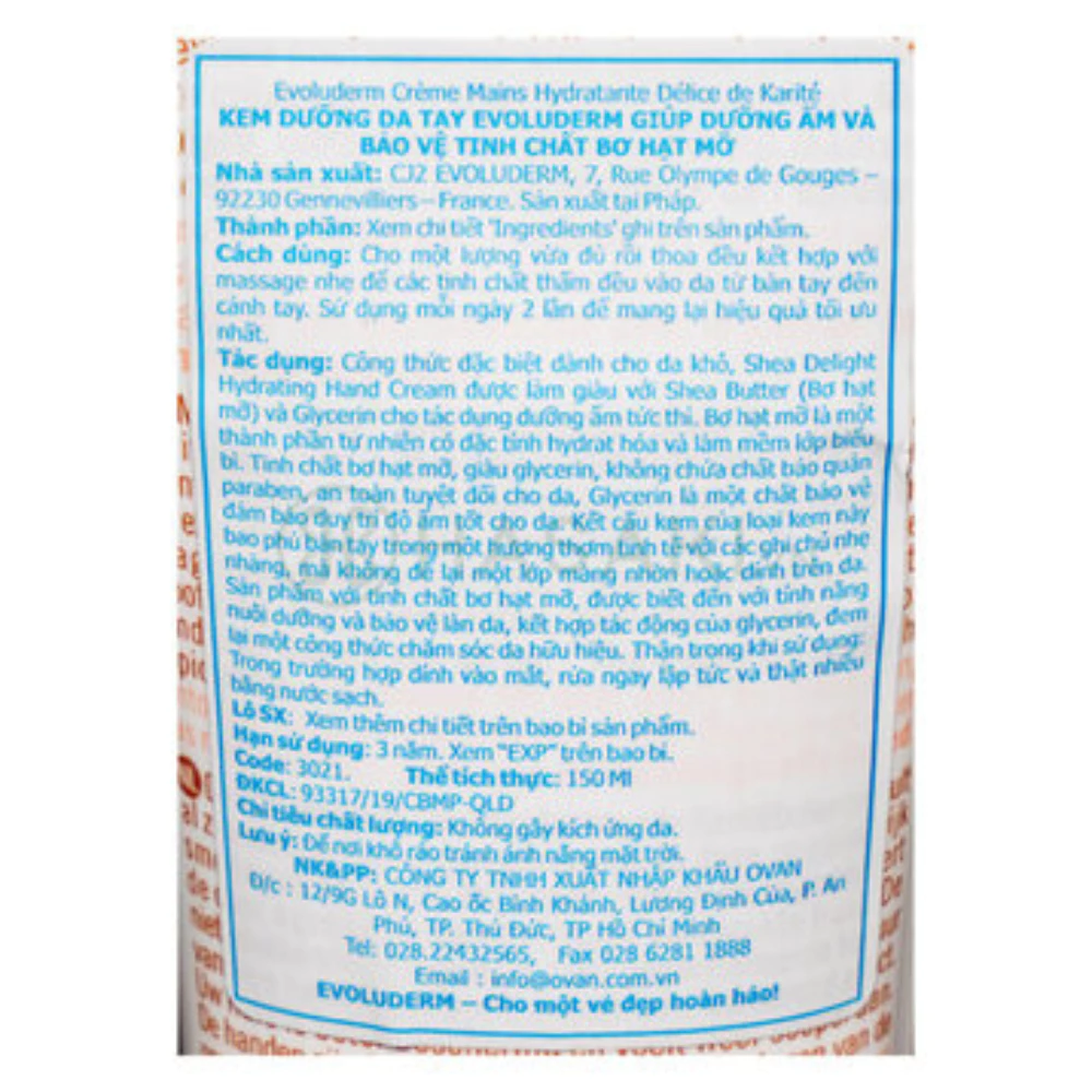 Kem dưỡng tay Evoluderm chiết xuất bơ hạt mỡ dưỡng ẩm sâu 150ml