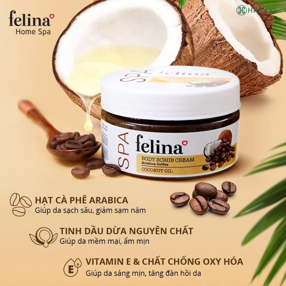 Kem tắm tẩy tế bào chết Felina cà phê & tinh dầu dừa 400g