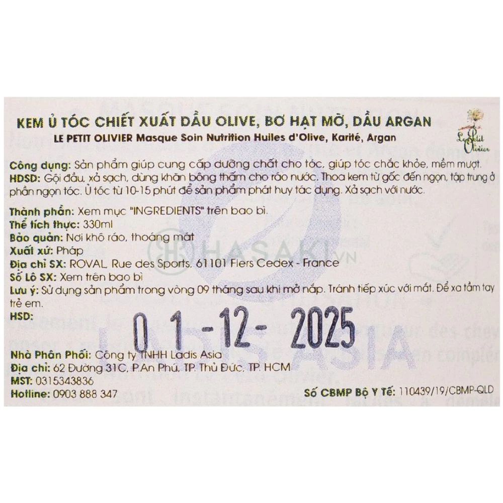 Kem ủ tóc Le Petit Olivier phục hồi sâu hư tổn 330ml