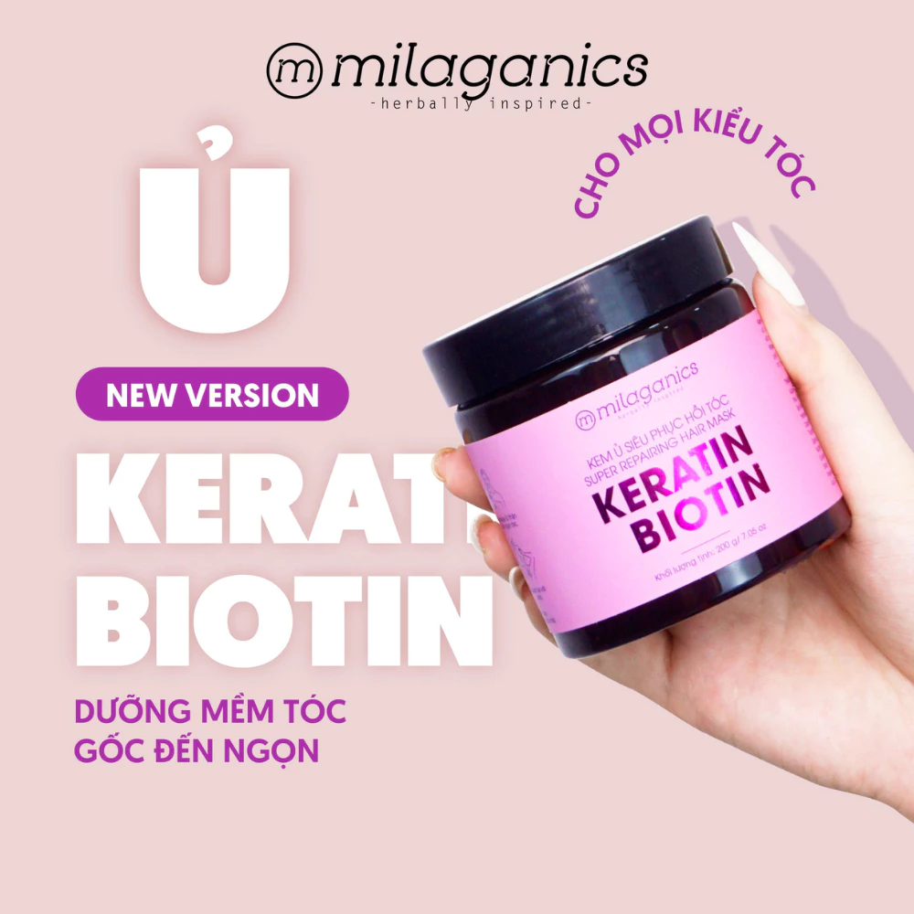 Kem ủ tóc Milaganics Keratin & Biotin phục hồi hư tổn 200g