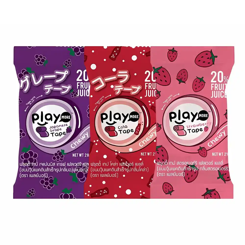 Kẹo dẻo cuộn PlayMore hương cola/hương nho/hương dâu gói 21g (từ 3 tuổi)