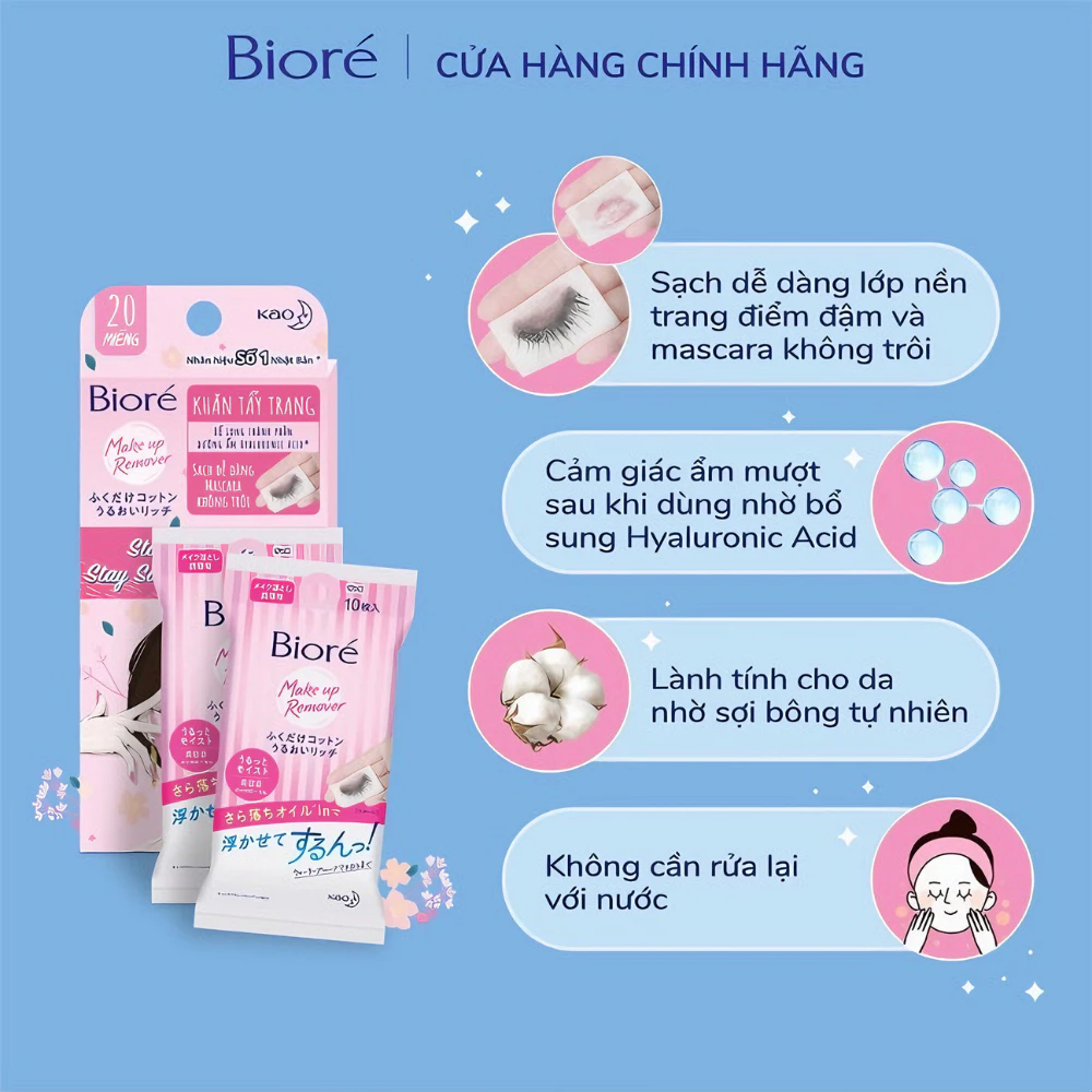 Khăn tẩy trang dưỡng ẩm Bioré 10 miếng (hồng)