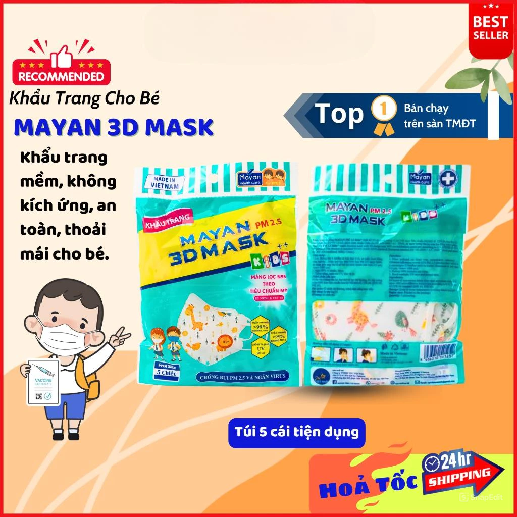 Khấu trang Mayan 3D Pm2.5 kids++ 5 cái (màu ngẫu nhiên)