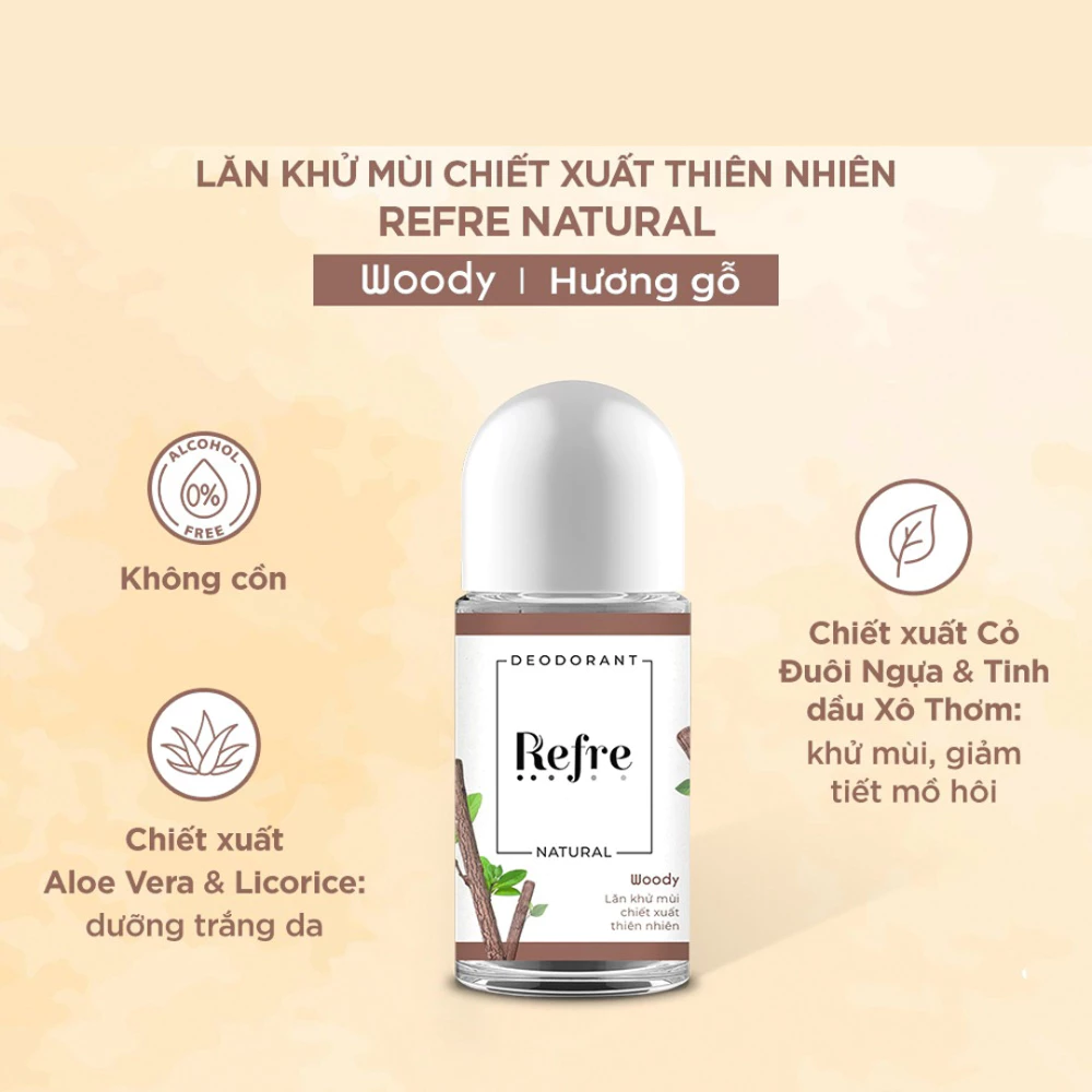 Lăn khử mùi Refre Natural hương trà xanh/Chiết xuất hương thảo/Chiết xuất hương gỗ/Hương hồng mộc lan 40ml