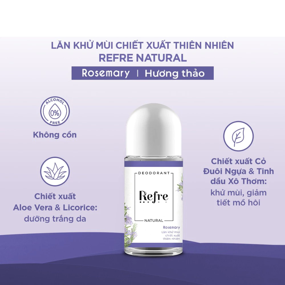 Lăn khử mùi Refre Natural hương trà xanh/Chiết xuất hương thảo/Chiết xuất hương gỗ/Hương hồng mộc lan 40ml