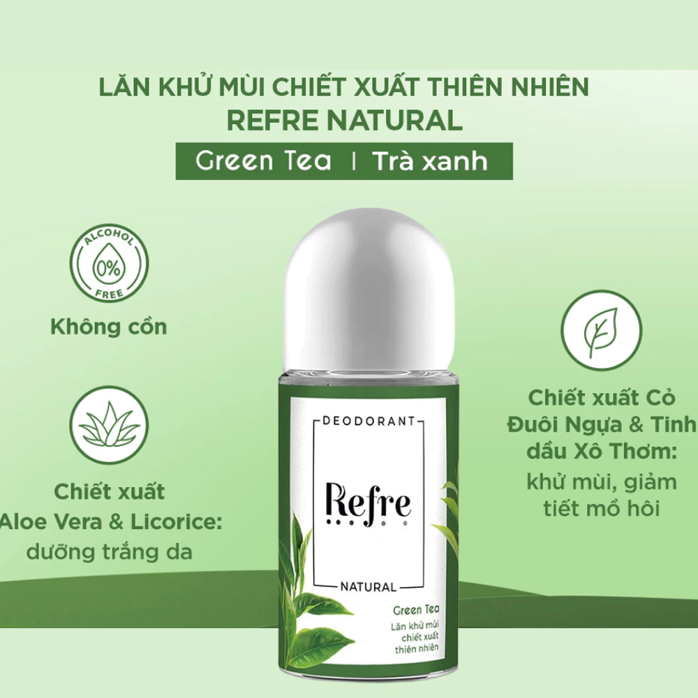 Lăn khử mùi Refre Natural hương trà xanh/Chiết xuất hương thảo/Chiết xuất hương gỗ/Hương hồng mộc lan 40ml